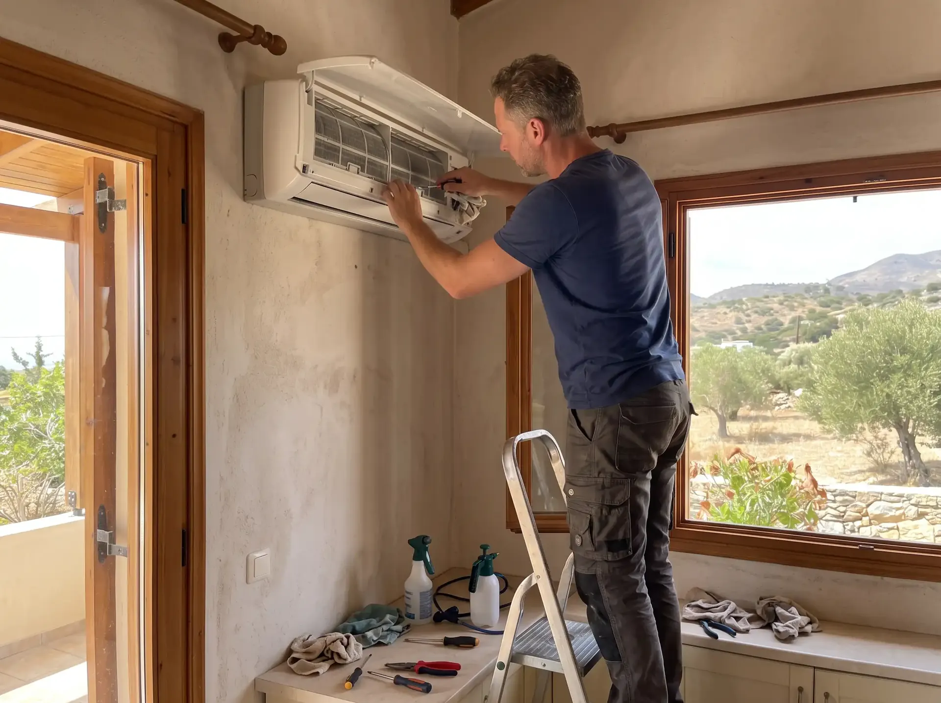 Technician working on an indoor A/C unit from a step ladder