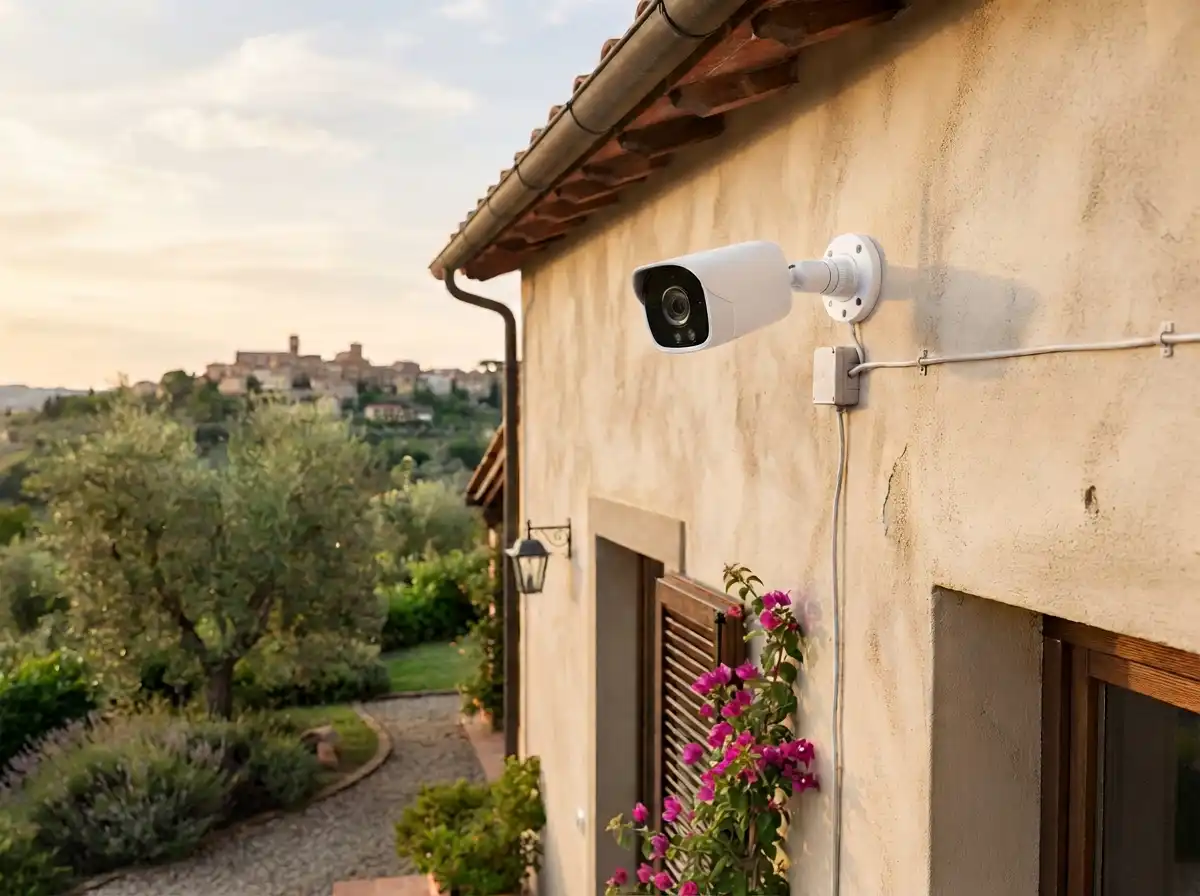 Security camera on the wall of a stone house