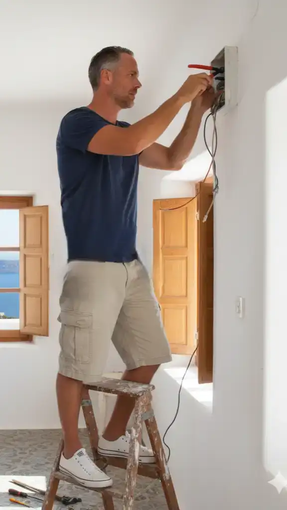 Electrician repairing electrical fusebox in Malia,Crete
