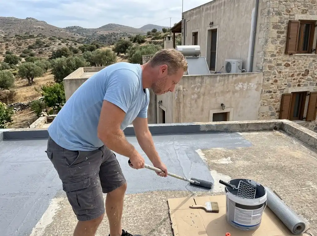 Applying waterproofing to a flat roof in a Cretan village