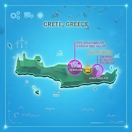 A map of the island Crete with labels on Heraklion, Hersonissos and Agios Nikolaos labeling our service area for plumbing, electricity and handyman works.