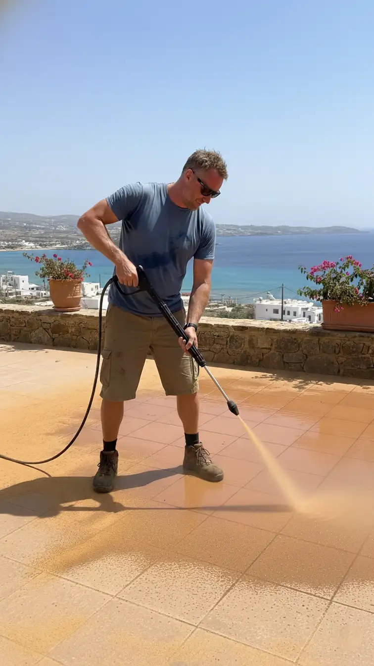 Handyman high-pressure cleaning roof terras after sandstorm in Crete