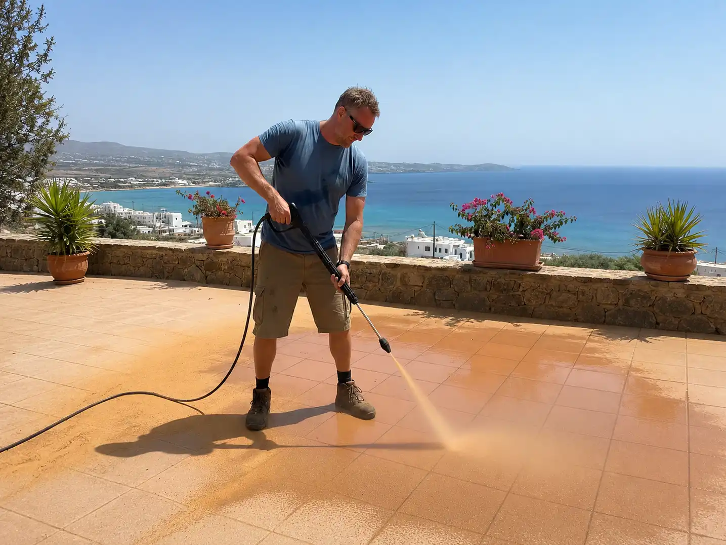 High-pressure cleaning of a terrace with sea view