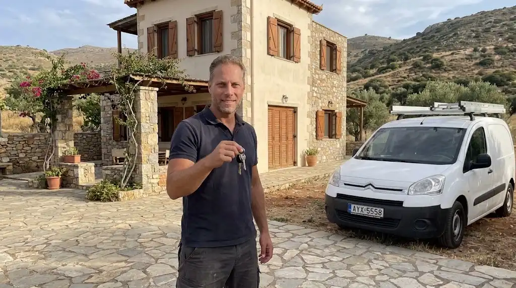 Gino holding the keys of a holiday home, next to his van