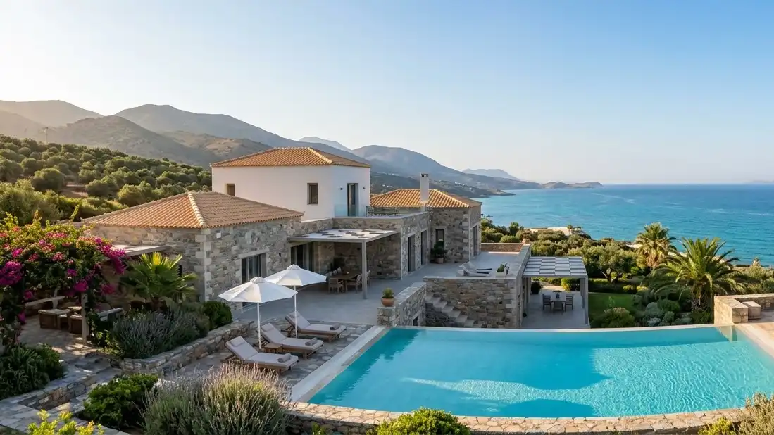 Stenen villa met zwembad en zeezicht op Kreta