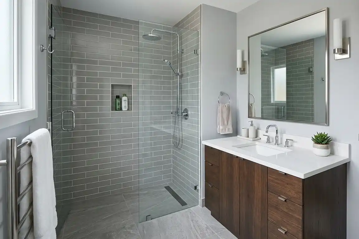 Renovated bathroom with glass shower and wooden vanity
