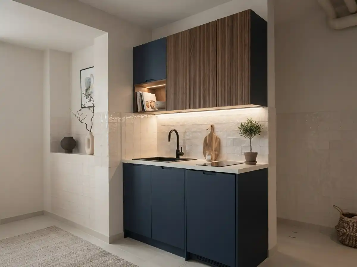 Modern kitchen with sink, tap and blue cabinets