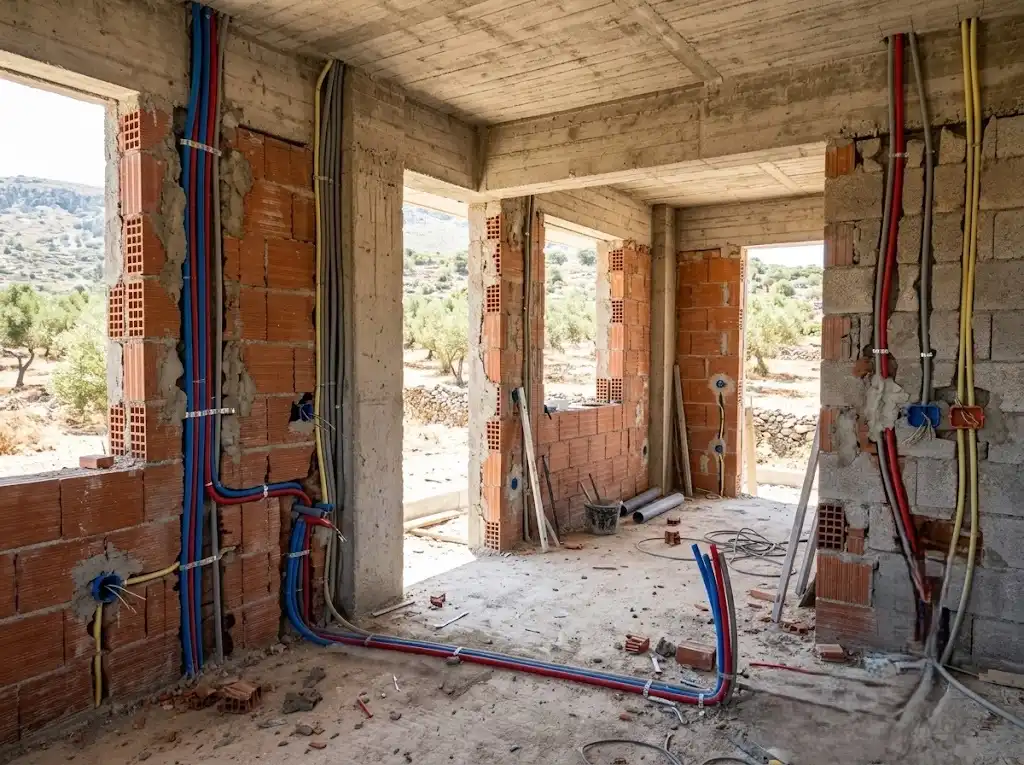 New build with plumbing pipes and electrical conduits in the brick walls