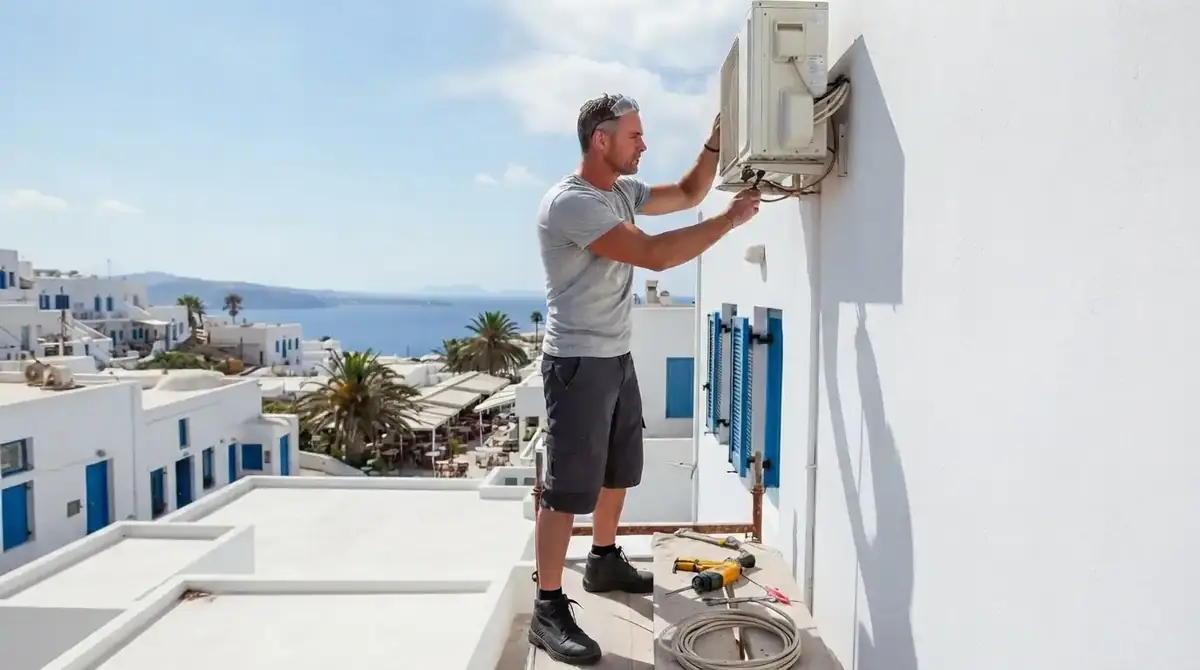 Technician servicing an air conditioning unit on a terrace with sea view