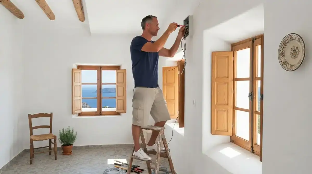 Electrician on a ladder working on a wall box
