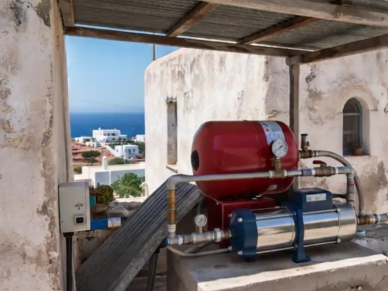 Water pressure pump with red expansion tank on a roof